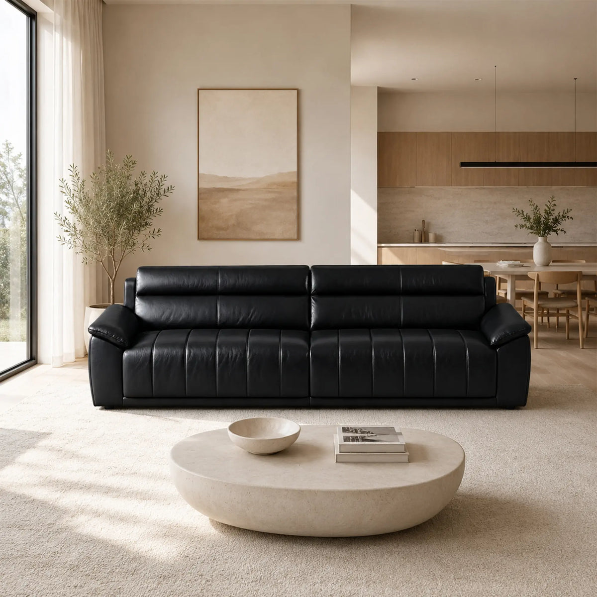 LIVARA 4 Seater Sofa with Cat Scratch Resistant Leather, 45D High Resilience Foam & Solid Wood Frame, 260cm Modern Couch for Living Room - Black