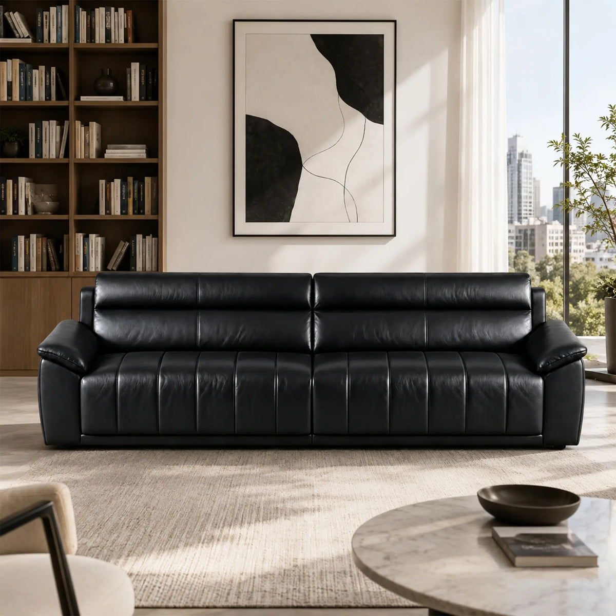 LIVARA 4 Seater Sofa with Cat Scratch Resistant Leather, 45D High Resilience Foam & Solid Wood Frame, 260cm Modern Couch for Living Room - Black