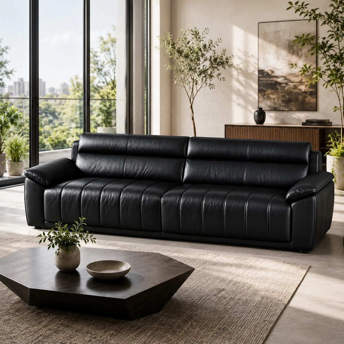 LIVARA 4 Seater Sofa with Cat Scratch Resistant Leather, 45D High Resilience Foam & Solid Wood Frame, 260cm Modern Couch for Living Room - Black