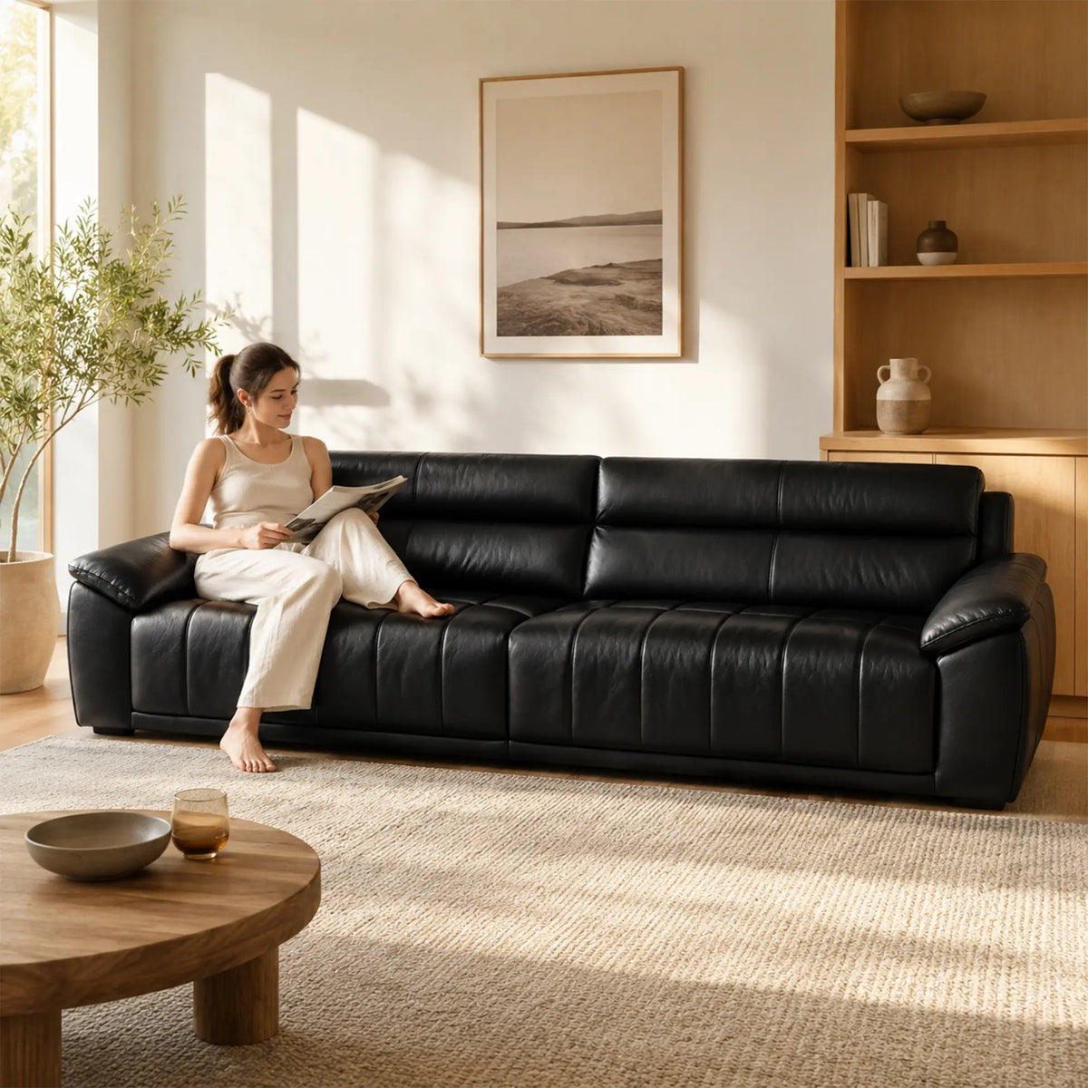 LIVARA 4 Seater Sofa with Cat Scratch Resistant Leather, 45D High Resilience Foam & Solid Wood Frame, 260cm Modern Couch for Living Room - Black