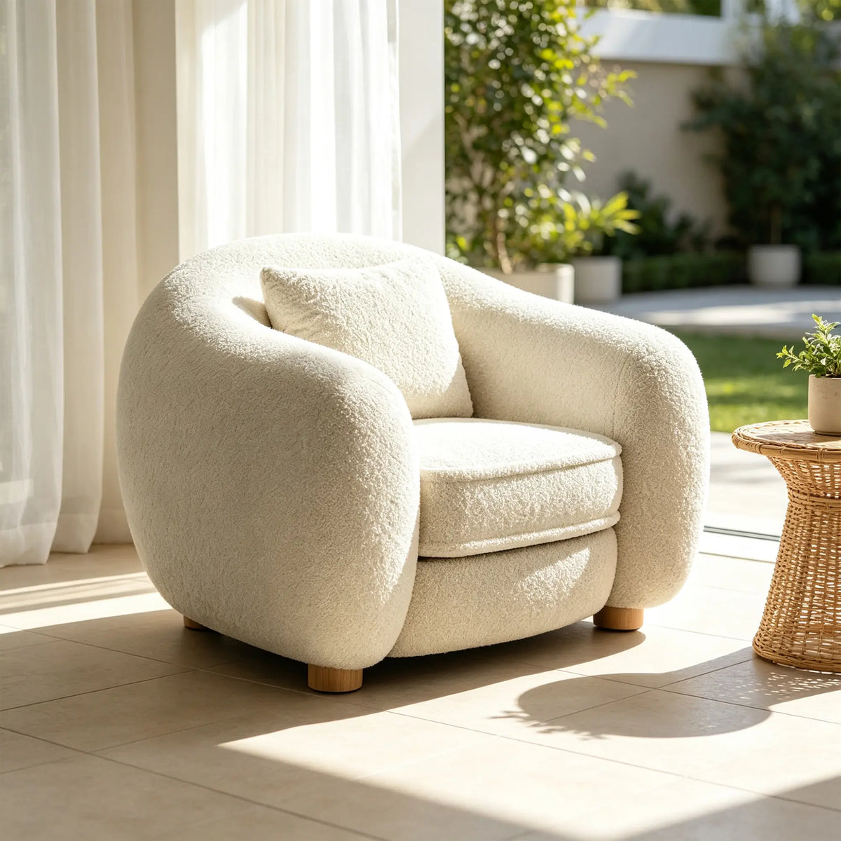 LIVARA Polar Bear Single Seater Sofa with Soft Teddy Fabric, 45D High Resilience Foam & Wraparound Backrest, 92cm Modern Lounge Armchair for Living Room - Cream White
