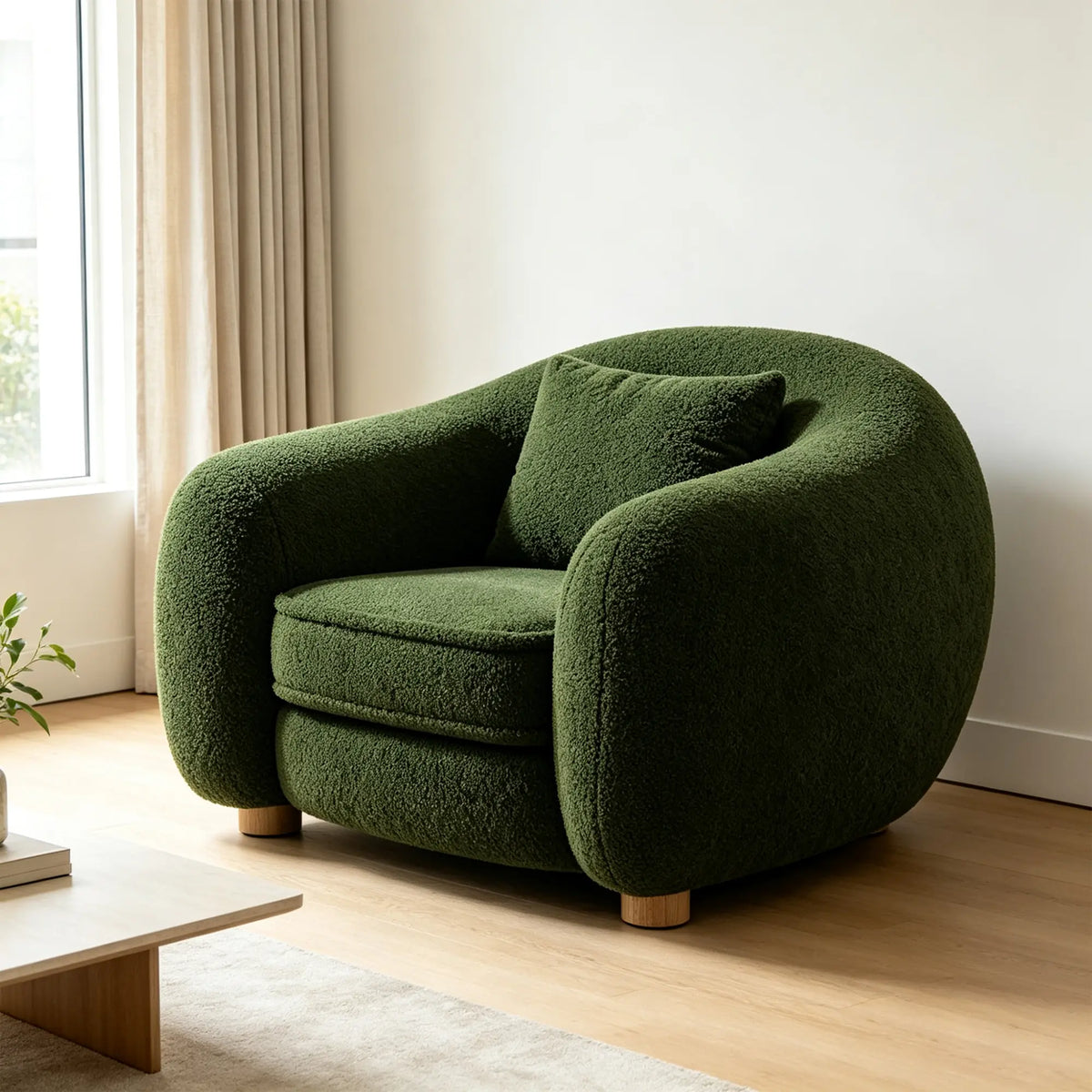 LIVARA Polar Bear Single Seater Sofa with Soft Teddy Fabric, 45D High Resilience Foam & Wraparound Backrest, 92cm Modern Lounge Armchair for Living Room - Green