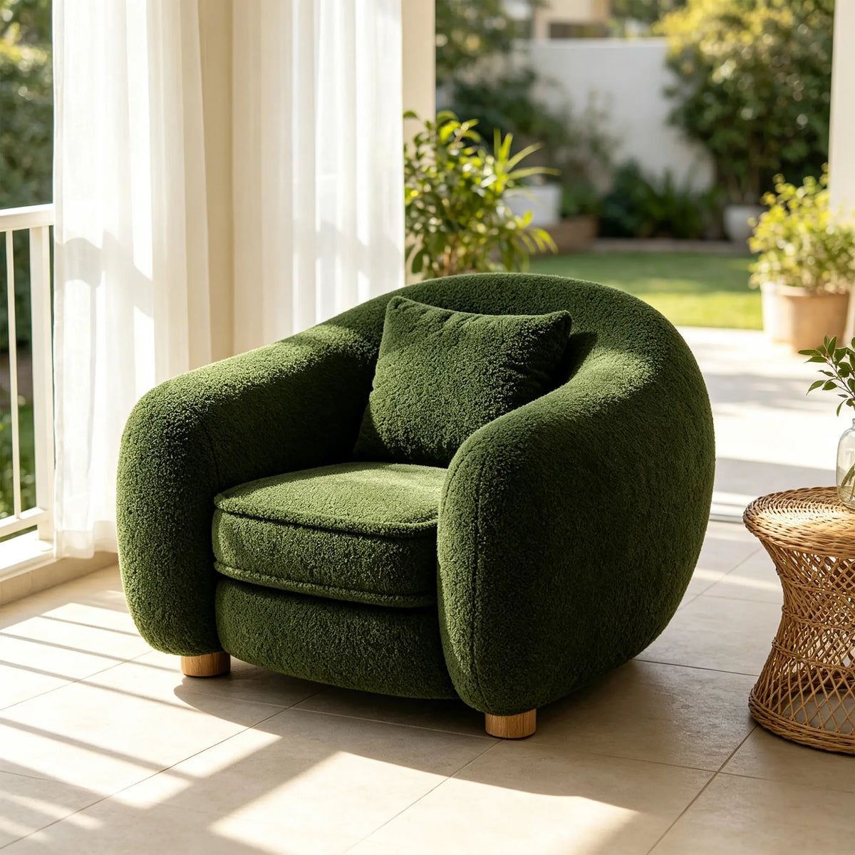 LIVARA Polar Bear Single Seater Sofa with Soft Teddy Fabric, 45D High Resilience Foam & Wraparound Backrest, 92cm Modern Lounge Armchair for Living Room - Green