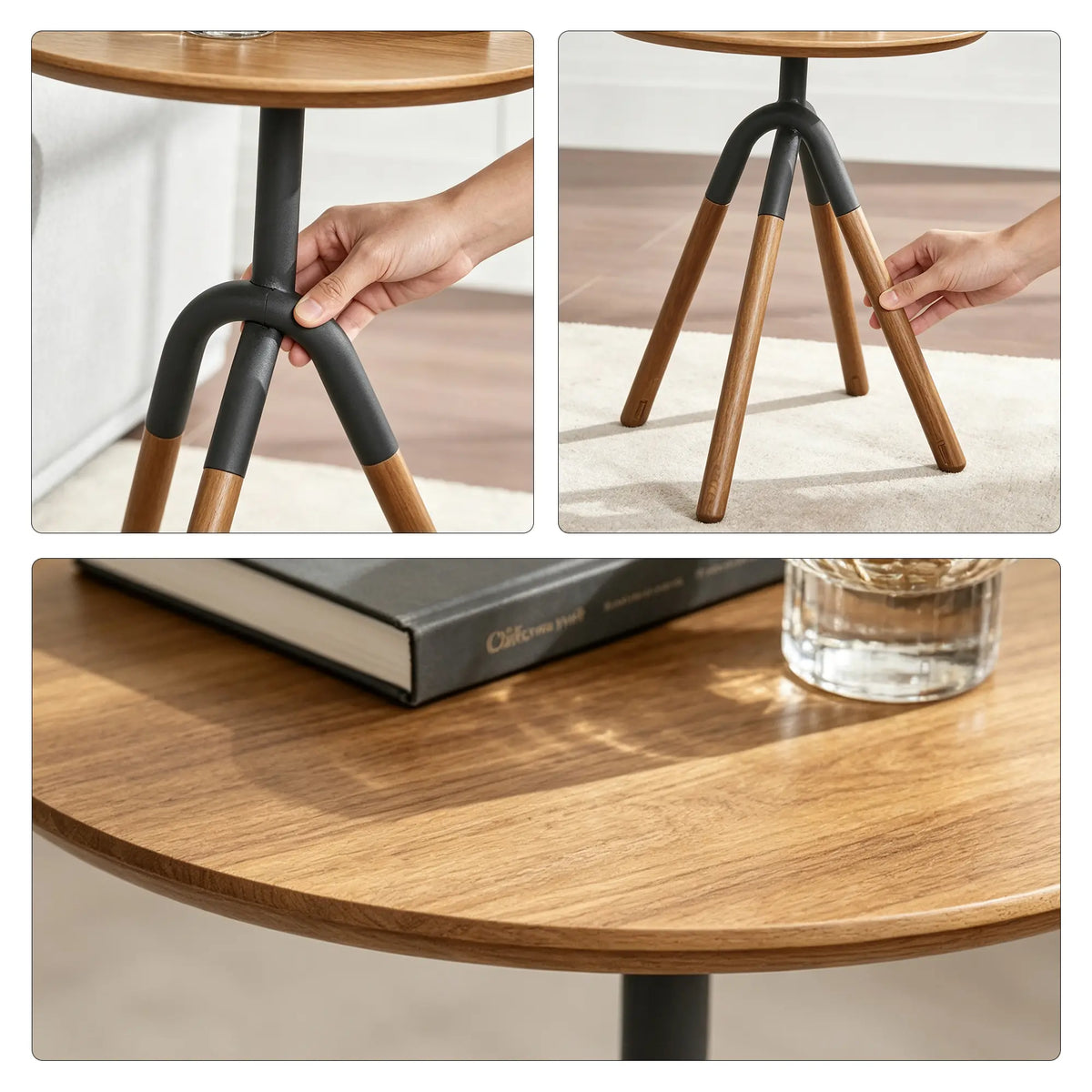 LIVARA Round Side Table with Solid Red Oak Wood Top & Sturdy Metal Tripod Base, 35/40cm Modern Accent Table for Living Room & Bedroom - Natural Oak