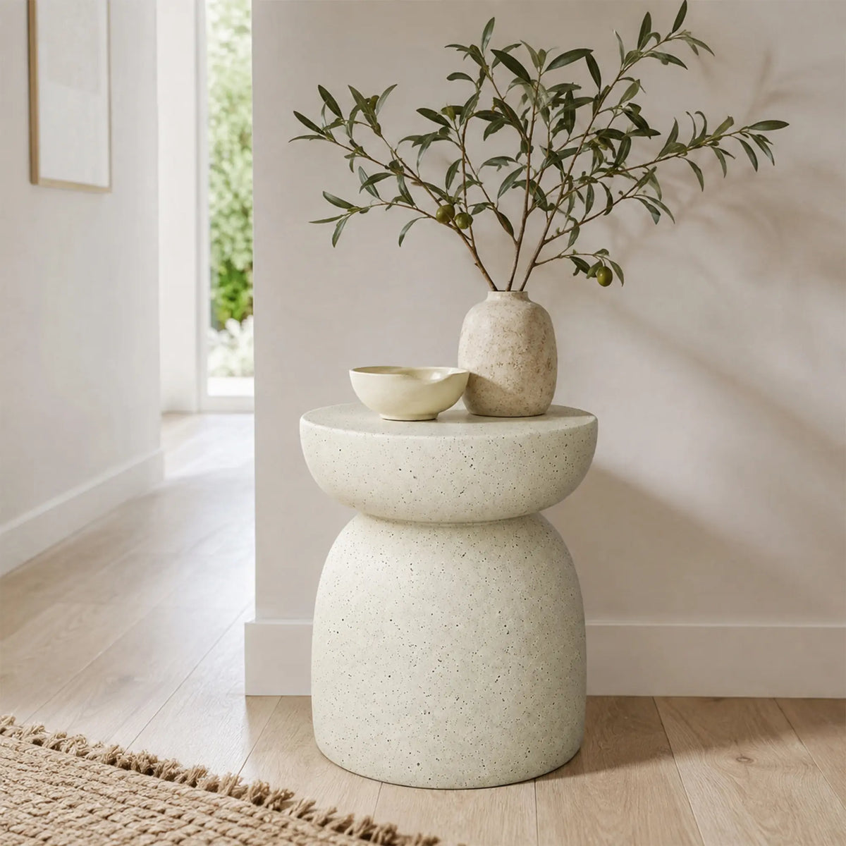 LIVARA Sculptural Round Side Table with Half Bowl Top, Durable Magnesium Oxide & Speckled Finish, 40cm Modern Accent Table for Living Room & Bedroom - Cream White
