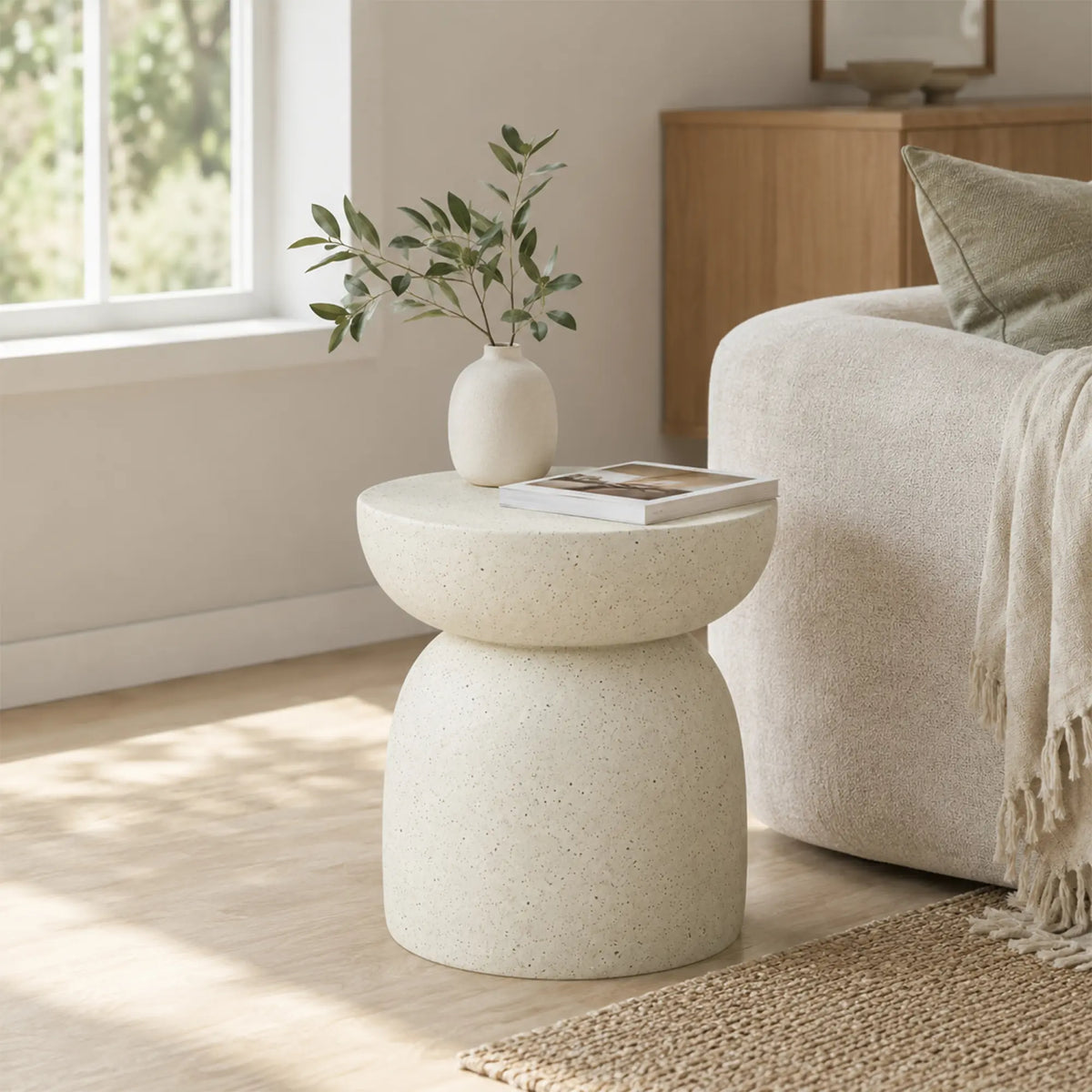 LIVARA Sculptural Round Side Table with Half Bowl Top, Durable Magnesium Oxide & Speckled Finish, 40cm Modern Accent Table for Living Room & Bedroom - Cream White