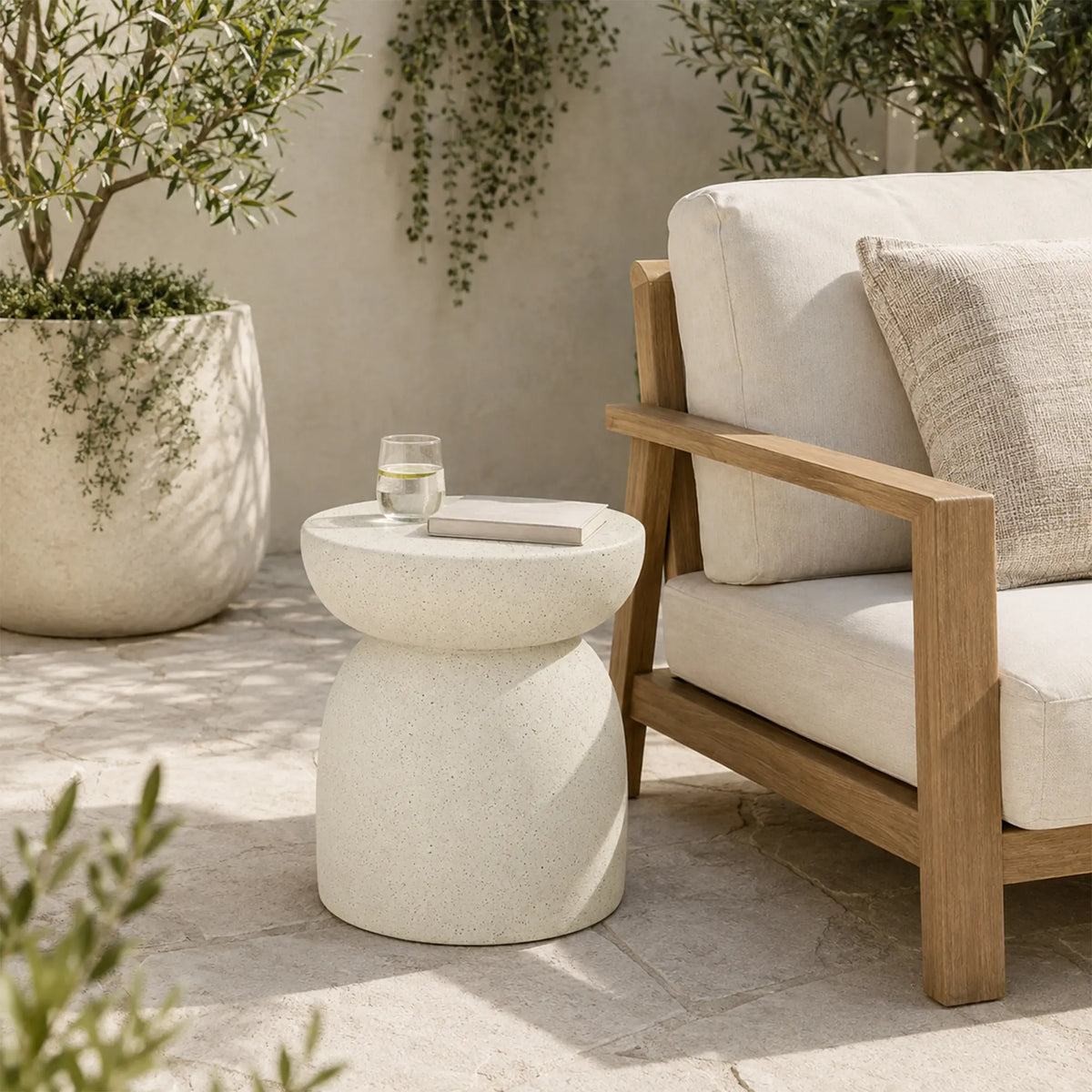 LIVARA Sculptural Round Side Table with Half Bowl Top, Durable Magnesium Oxide & Speckled Finish, 40cm Modern Accent Table for Living Room & Bedroom - Cream White