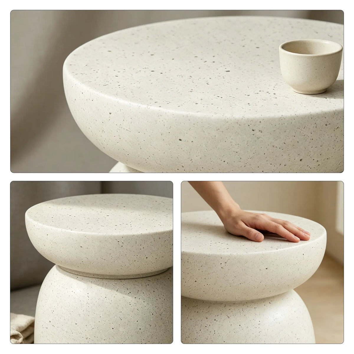 LIVARA Sculptural Round Side Table with Half Bowl Top, Durable Magnesium Oxide & Speckled Finish, 40cm Modern Accent Table for Living Room & Bedroom - Cream White