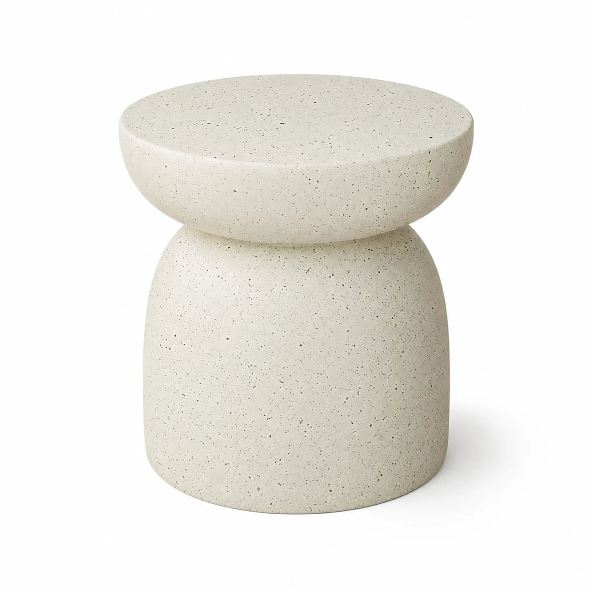 LIVARA Sculptural Round Side Table with Half Bowl Top, Durable Magnesium Oxide & Speckled Finish, 40cm Modern Accent Table for Living Room & Bedroom - Cream White