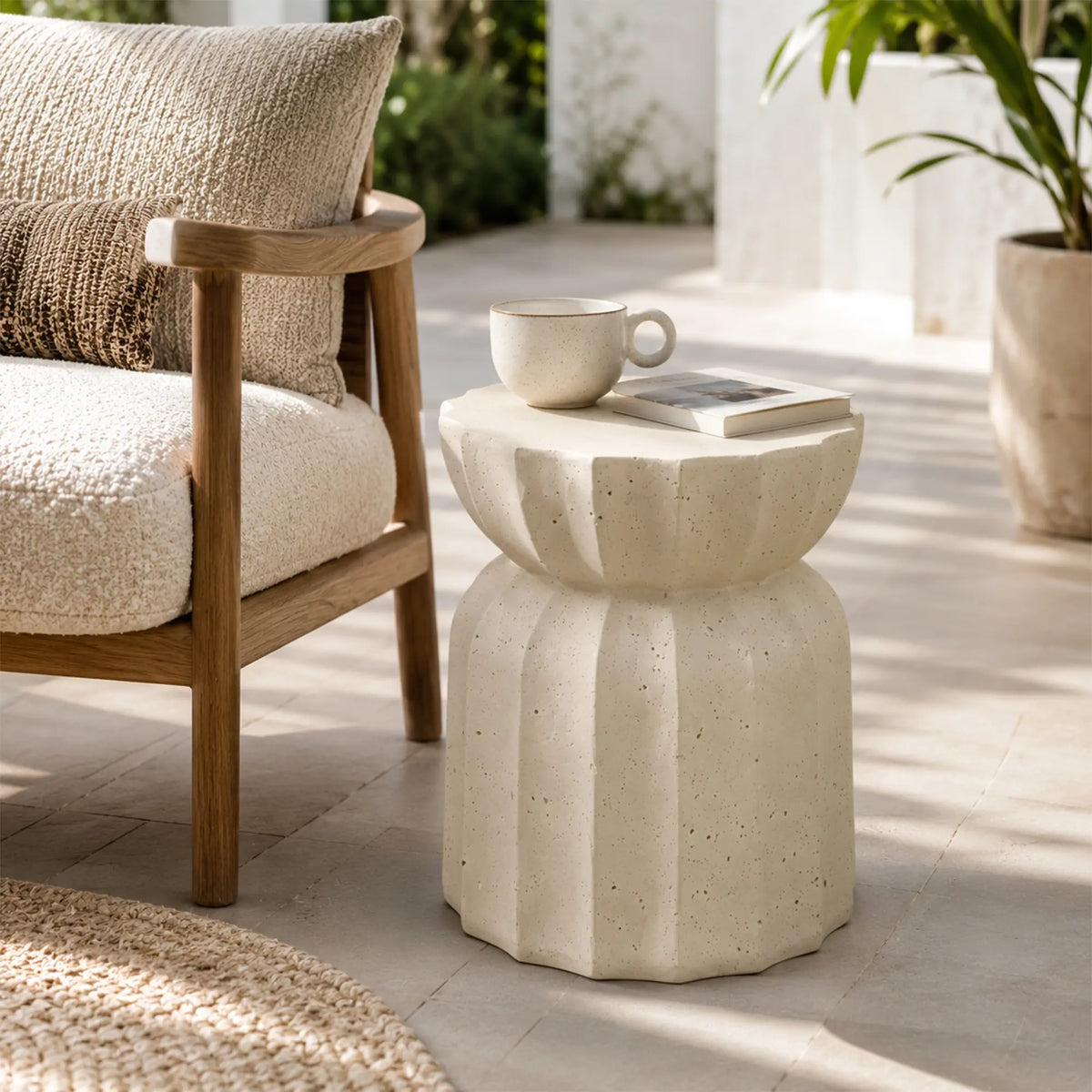 LIVARA Lotus Round Side Table with Sculptural Fluted Design, Durable Magnesium Oxide & Speckled Finish, 35cm Modern Accent Table for Living Room & Bedroom - Cream White