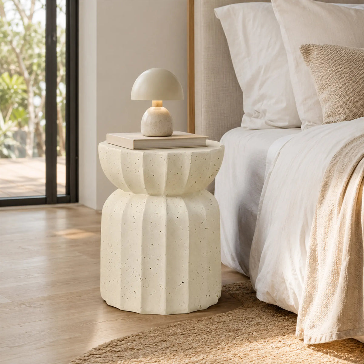 LIVARA Lotus Round Side Table with Sculptural Fluted Design, Durable Magnesium Oxide & Speckled Finish, 35cm Modern Accent Table for Living Room & Bedroom - Cream White