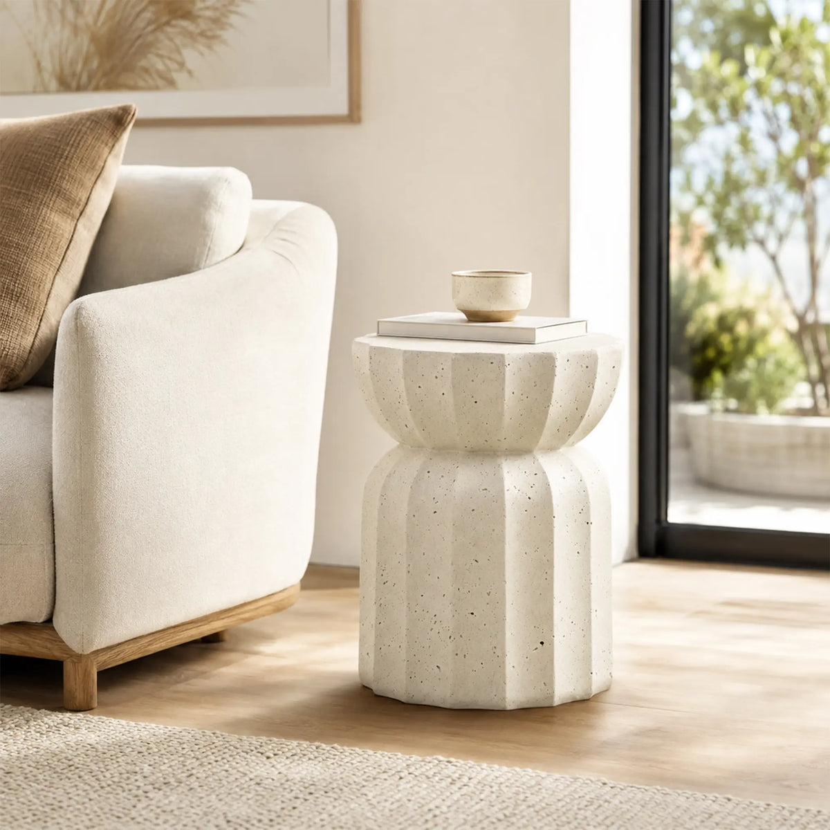 LIVARA Lotus Round Side Table with Sculptural Fluted Design, Durable Magnesium Oxide & Speckled Finish, 35cm Modern Accent Table for Living Room & Bedroom - Cream White