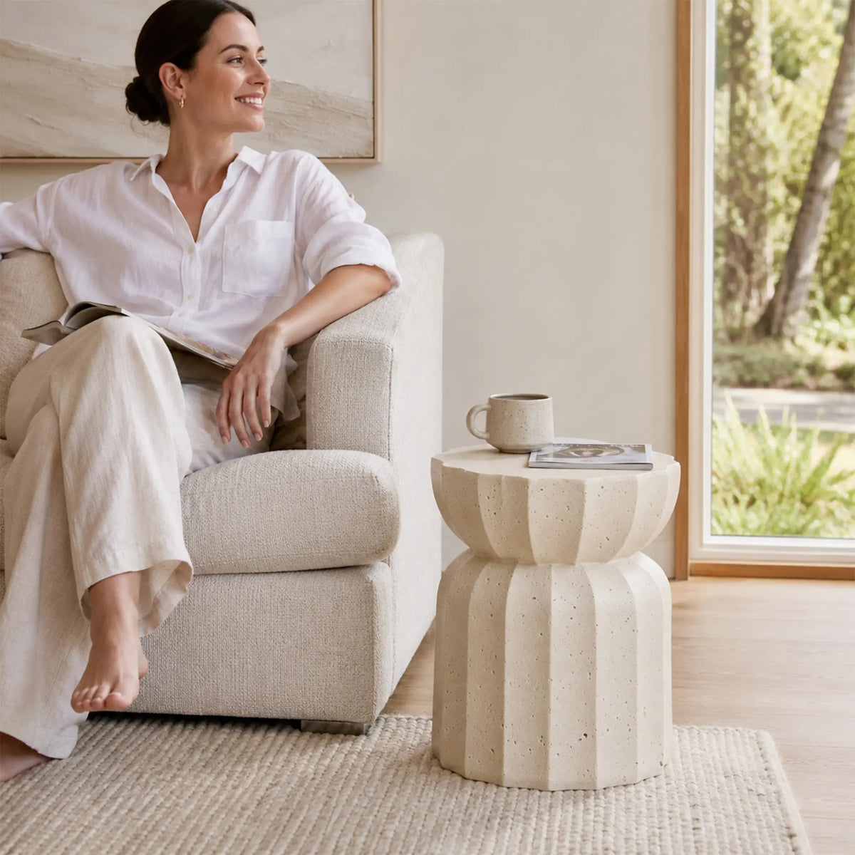 LIVARA Lotus Round Side Table with Sculptural Fluted Design, Durable Magnesium Oxide & Speckled Finish, 35cm Modern Accent Table for Living Room & Bedroom - Cream White