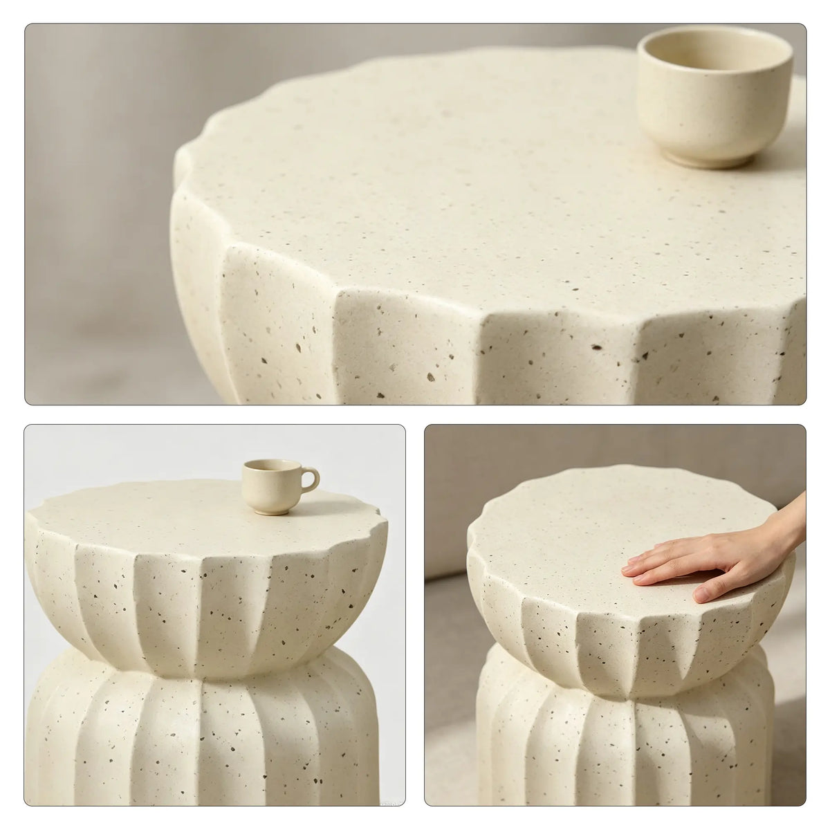 LIVARA Lotus Round Side Table with Sculptural Fluted Design, Durable Magnesium Oxide & Speckled Finish, 35cm Modern Accent Table for Living Room & Bedroom - Cream White