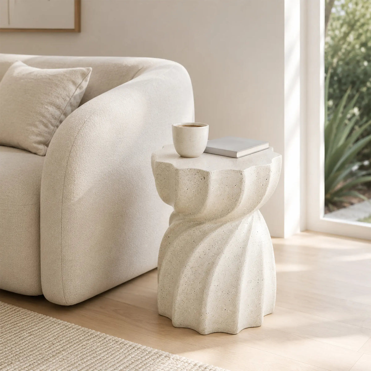 LIVARA Twisted Sculptural Side Table with Fluted Design, Magnesium Oxide & Speckled Finish, 35cm Round Accent Table for Living Room - Cream White