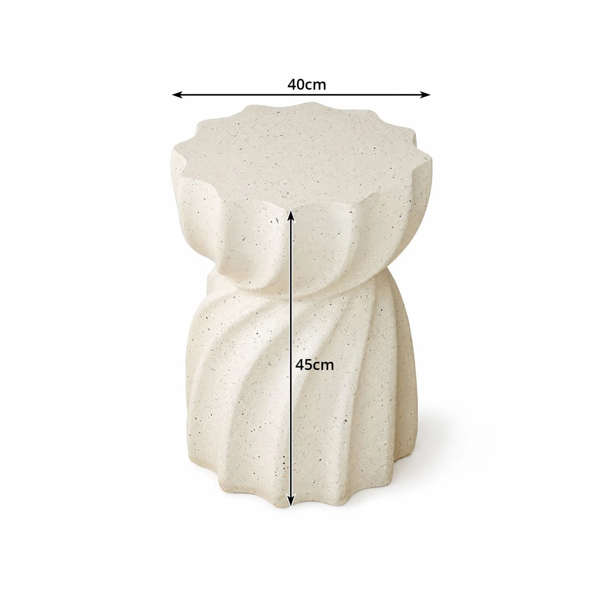 LIVARA Twisted Sculptural Side Table with Fluted Design, Magnesium Oxide & Speckled Finish, 35cm Round Accent Table for Living Room - Cream White