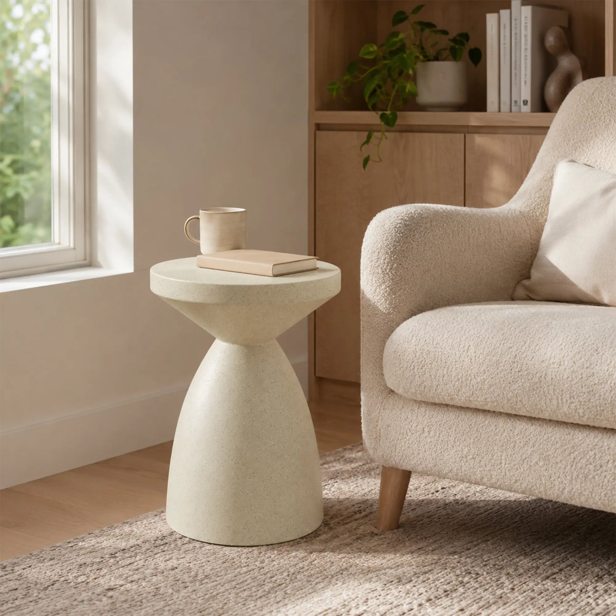 LIVARA Hourglass Round Side Table with Sculptural Pedestal Design, Durable Magnesium Cement & Speckled Finish, Modern Accent Table for Living Room - Beige