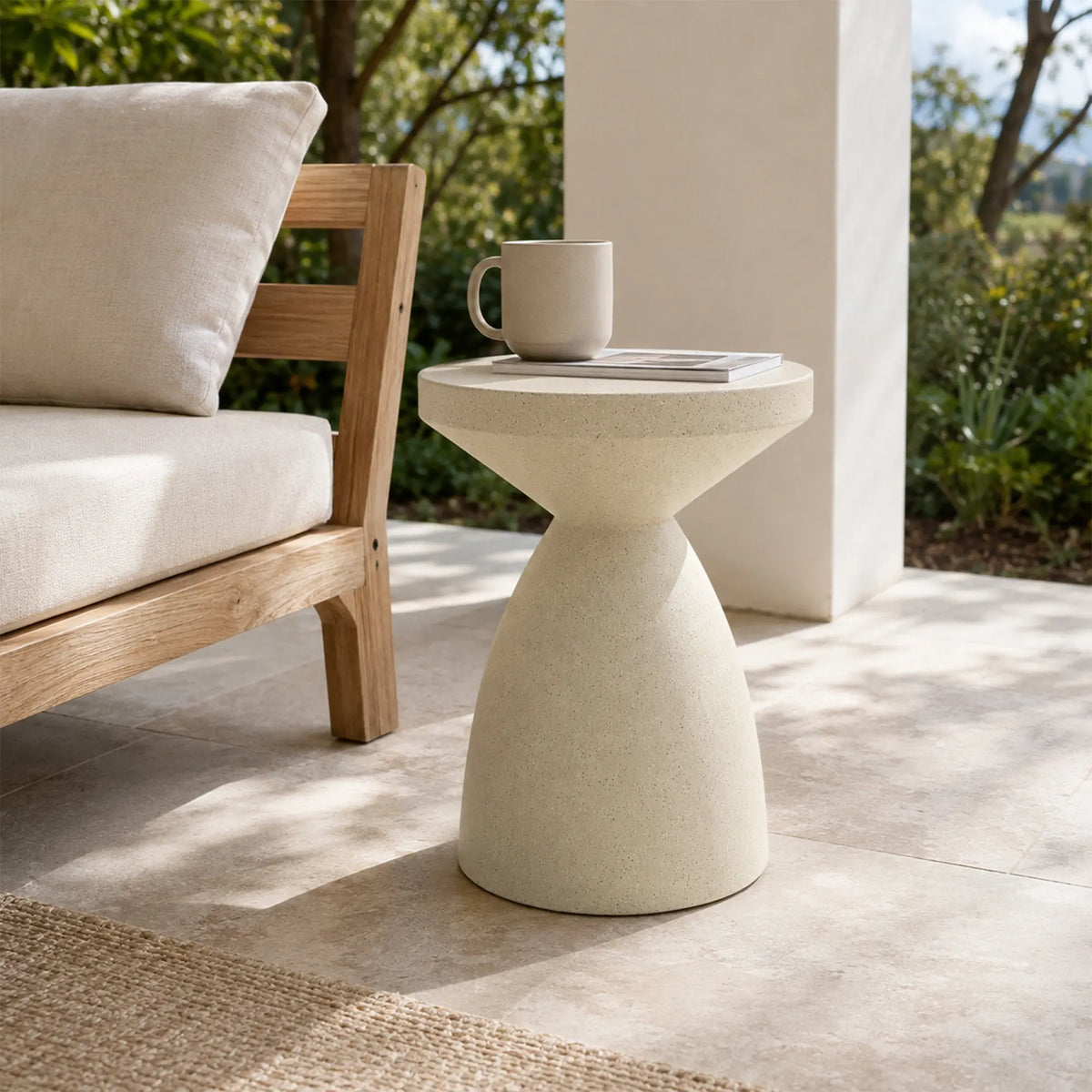 LIVARA Hourglass Round Side Table with Sculptural Pedestal Design, Durable Magnesium Cement & Speckled Finish, Modern Accent Table for Living Room - Beige