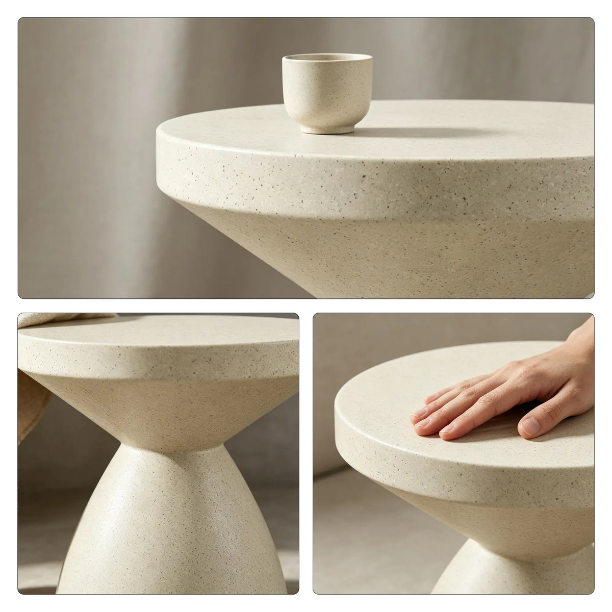 LIVARA Hourglass Round Side Table with Sculptural Pedestal Design, Durable Magnesium Cement & Speckled Finish, Modern Accent Table for Living Room - Beige