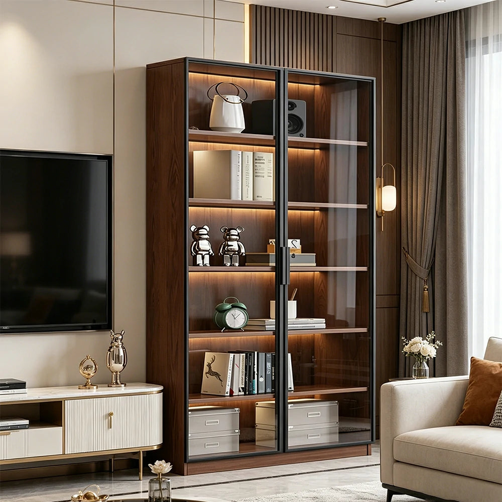 LIVARA 100cm Double Door Display Cabinet - Tempered Glass Storage with LED Lighting for Living Room - Walnut