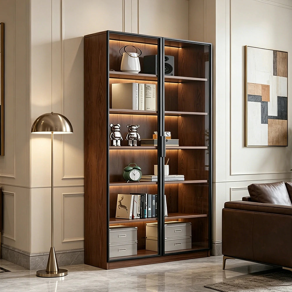 LIVARA 100cm Double Door Display Cabinet - Tempered Glass Storage with LED Lighting for Living Room - Walnut