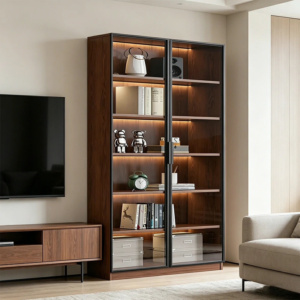 LIVARA 100cm Double Door Display Cabinet - Tempered Glass Storage with LED Lighting for Living Room - Walnut