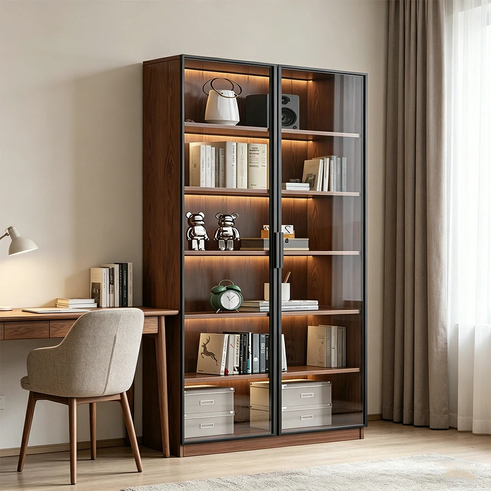 LIVARA 100cm Double Door Display Cabinet - Tempered Glass Storage with LED Lighting for Living Room - Walnut