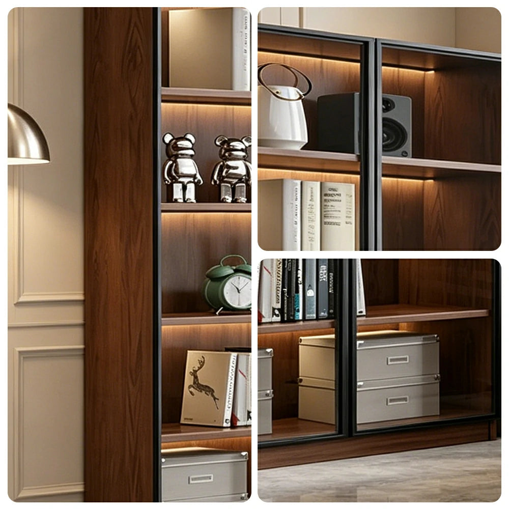LIVARA 100cm Double Door Display Cabinet - Tempered Glass Storage with LED Lighting for Living Room - Walnut