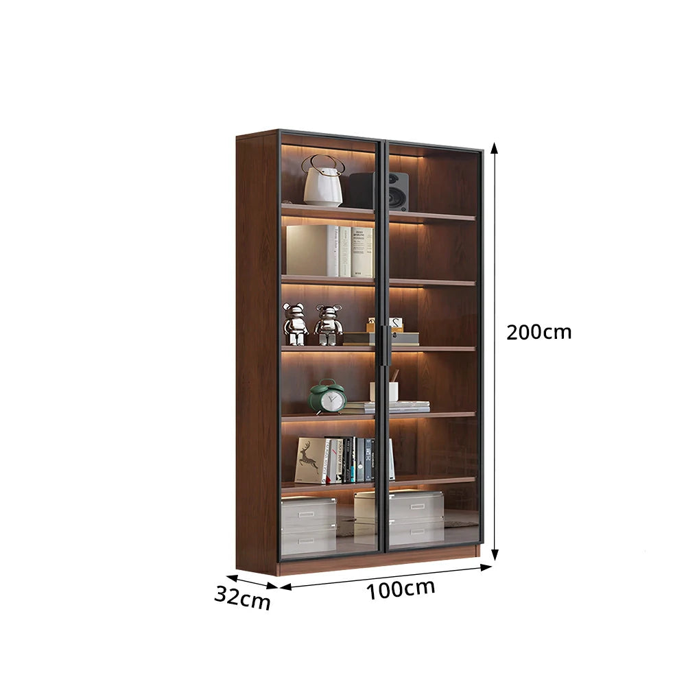 LIVARA 100cm Double Door Display Cabinet - Tempered Glass Storage with LED Lighting for Living Room - Walnut