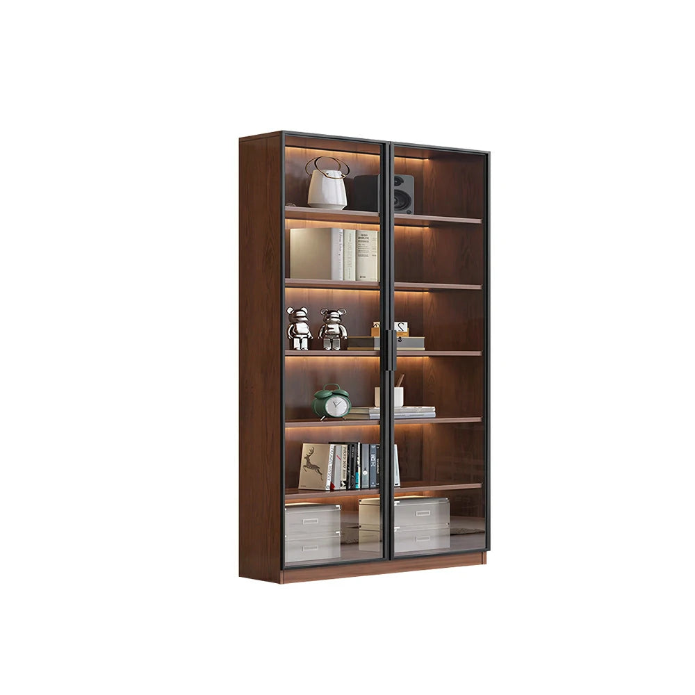 LIVARA 100cm Double Door Display Cabinet - Tempered Glass Storage with LED Lighting for Living Room - Walnut