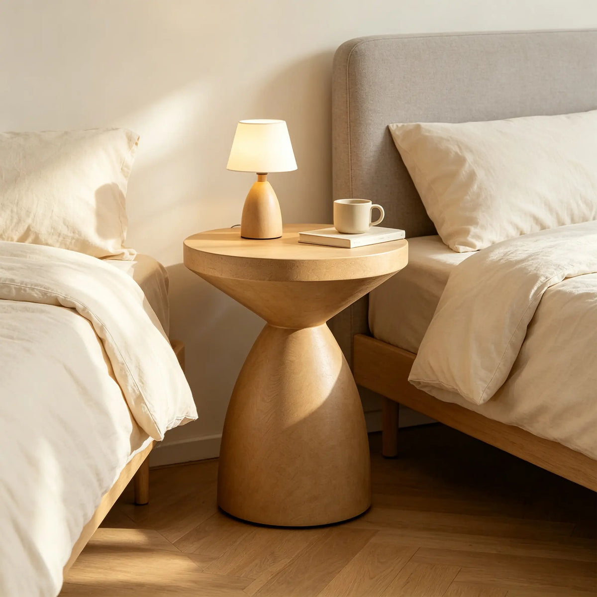 LIVARA Hourglass Round Side Table with Sculptural Pedestal Design, Durable Magnesium Cement & Speckled Finish, Modern Accent Table for Living Room - Camel