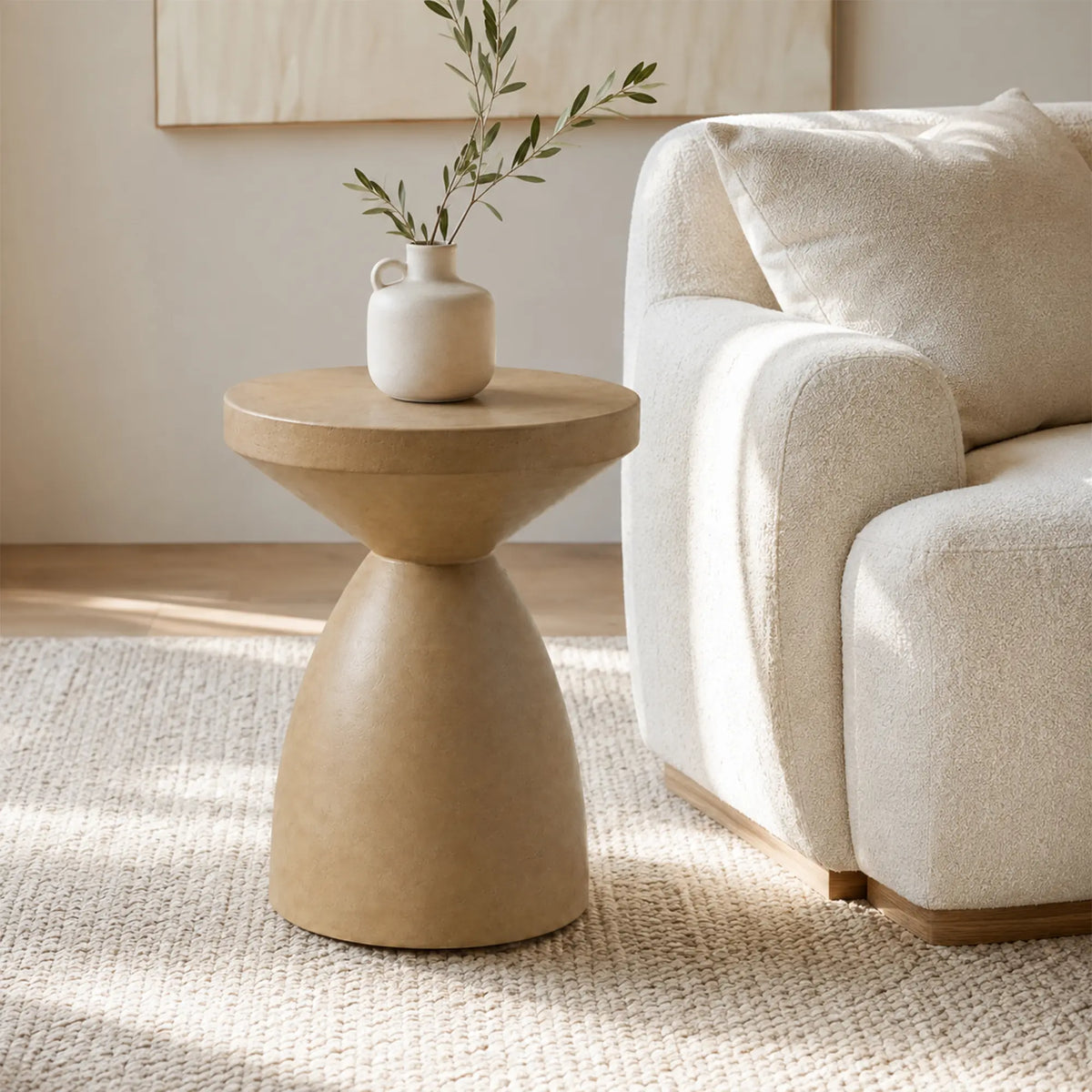 LIVARA Hourglass Round Side Table with Sculptural Pedestal Design, Durable Magnesium Cement & Speckled Finish, Modern Accent Table for Living Room - Camel