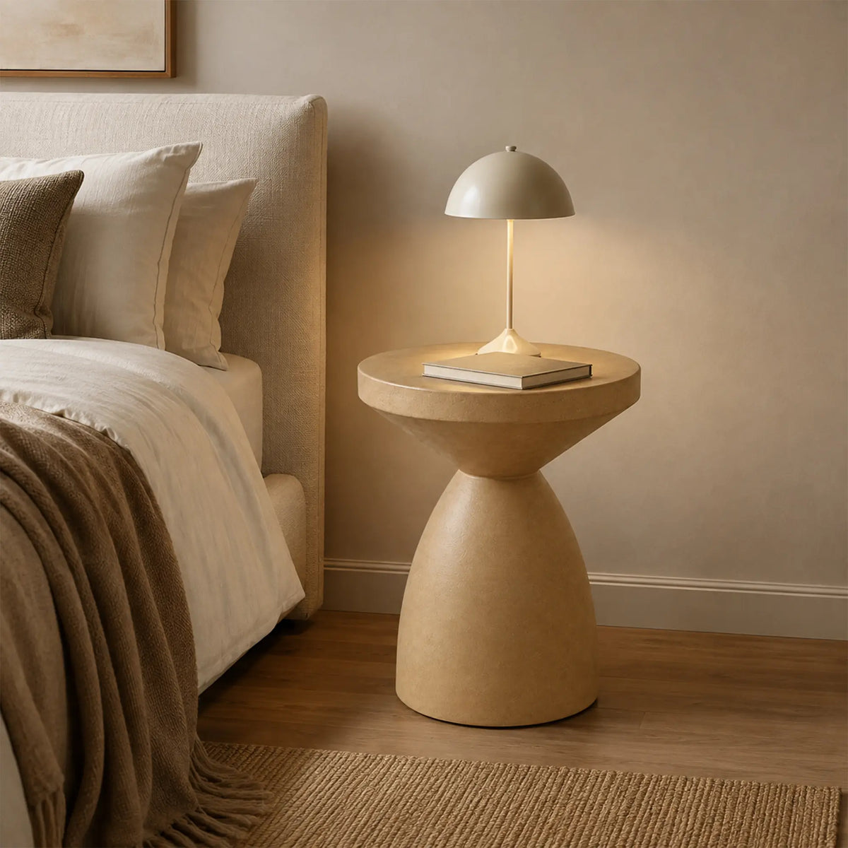 LIVARA Hourglass Round Side Table with Sculptural Pedestal Design, Durable Magnesium Cement & Speckled Finish, Modern Accent Table for Living Room - Camel