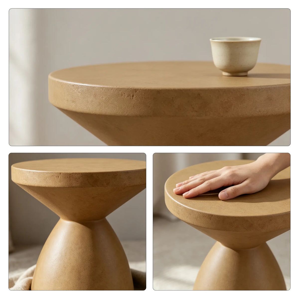 LIVARA Hourglass Round Side Table with Sculptural Pedestal Design, Durable Magnesium Cement & Speckled Finish, Modern Accent Table for Living Room - Camel