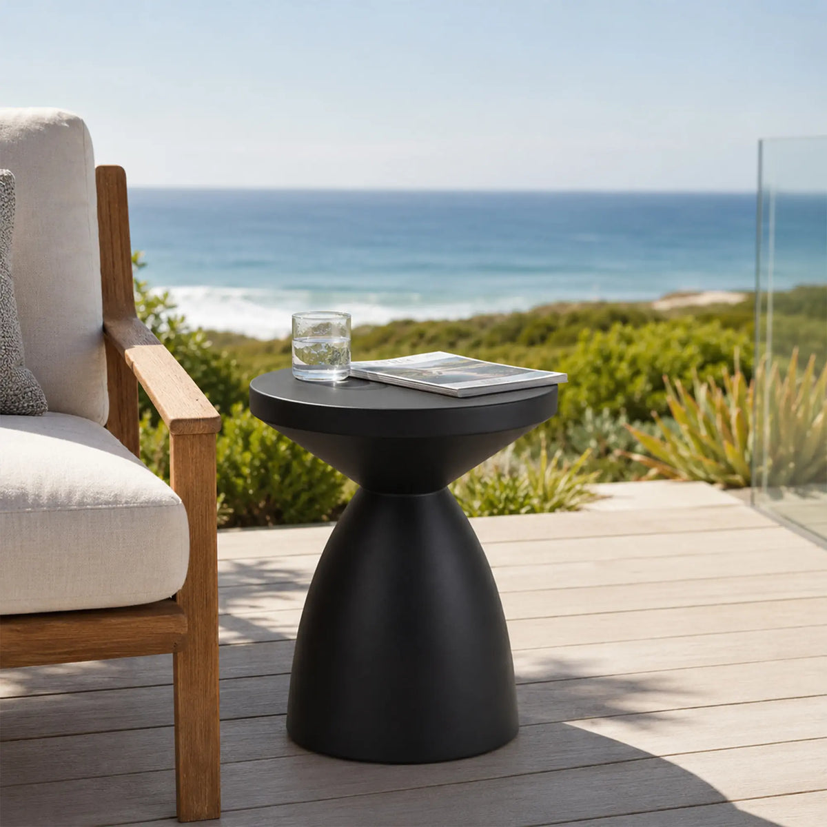 LIVARA Hourglass Round Side Table with Sculptural Pedestal Design, Durable Magnesium Cement & Speckled Finish, Modern Accent Table for Living Room - Black