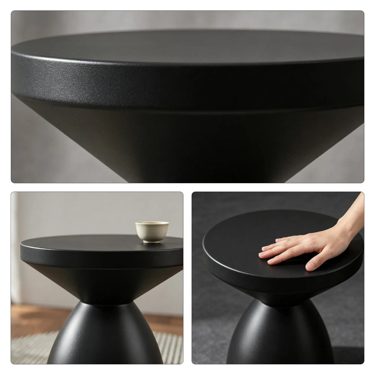 LIVARA Hourglass Round Side Table with Sculptural Pedestal Design, Durable Magnesium Cement & Speckled Finish, Modern Accent Table for Living Room - Black