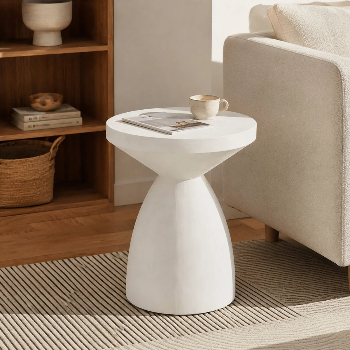 LIVARA Hourglass Round Side Table with Sculptural Pedestal Design, Durable Magnesium Cement & Speckled Finish, Modern Accent Table for Living Room - White