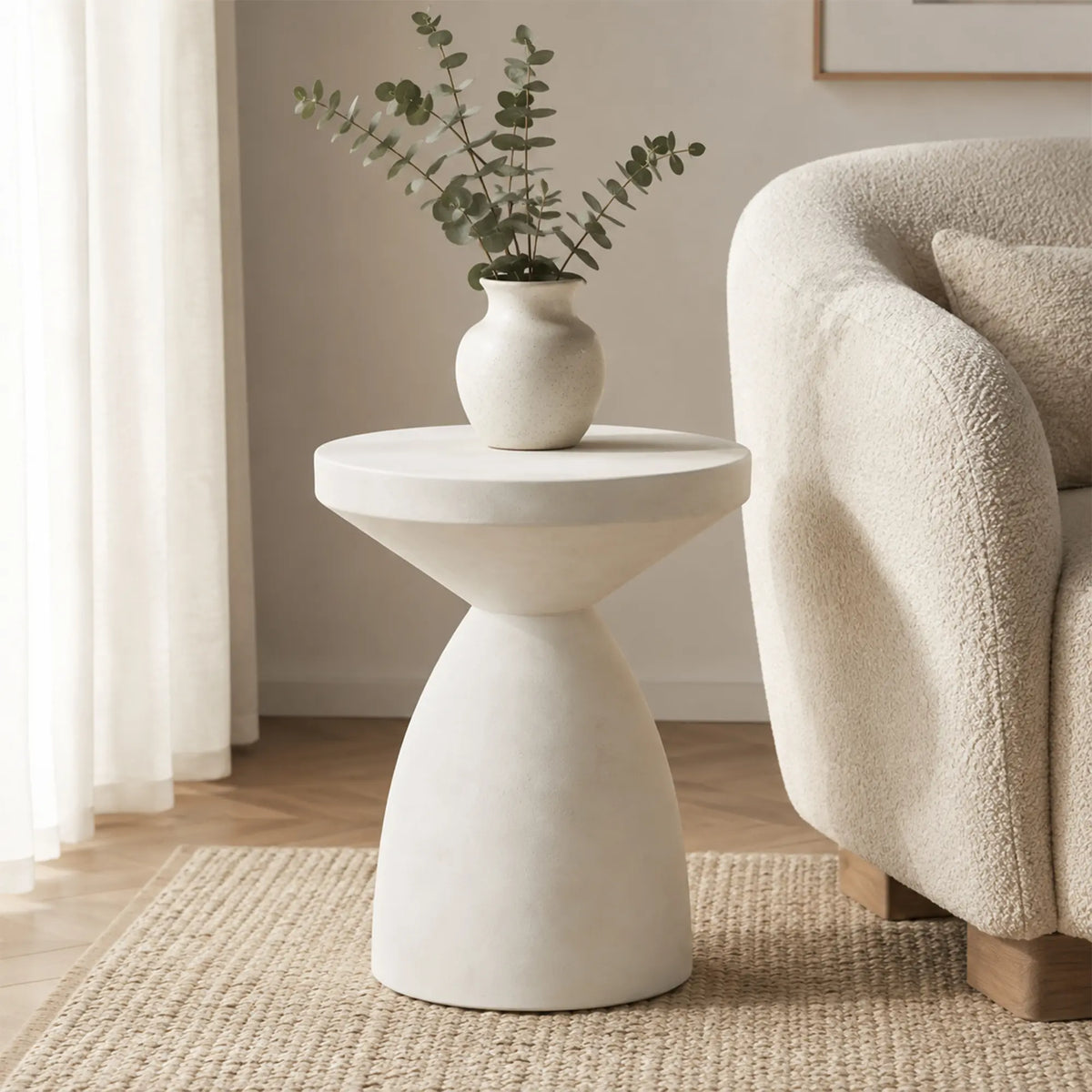 LIVARA Hourglass Round Side Table with Sculptural Pedestal Design, Durable Magnesium Cement & Speckled Finish, Modern Accent Table for Living Room - White
