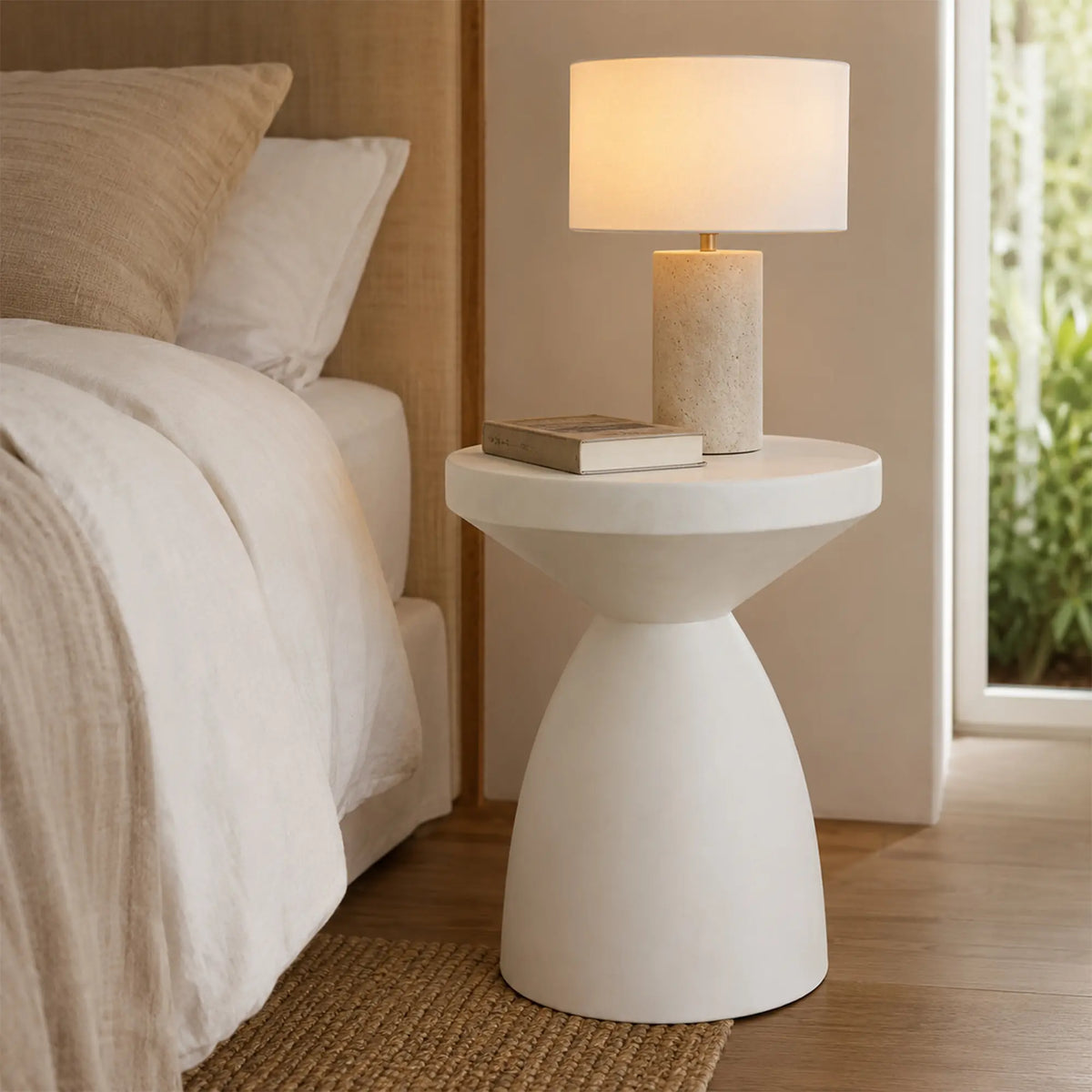 LIVARA Hourglass Round Side Table with Sculptural Pedestal Design, Durable Magnesium Cement & Speckled Finish, Modern Accent Table for Living Room - White