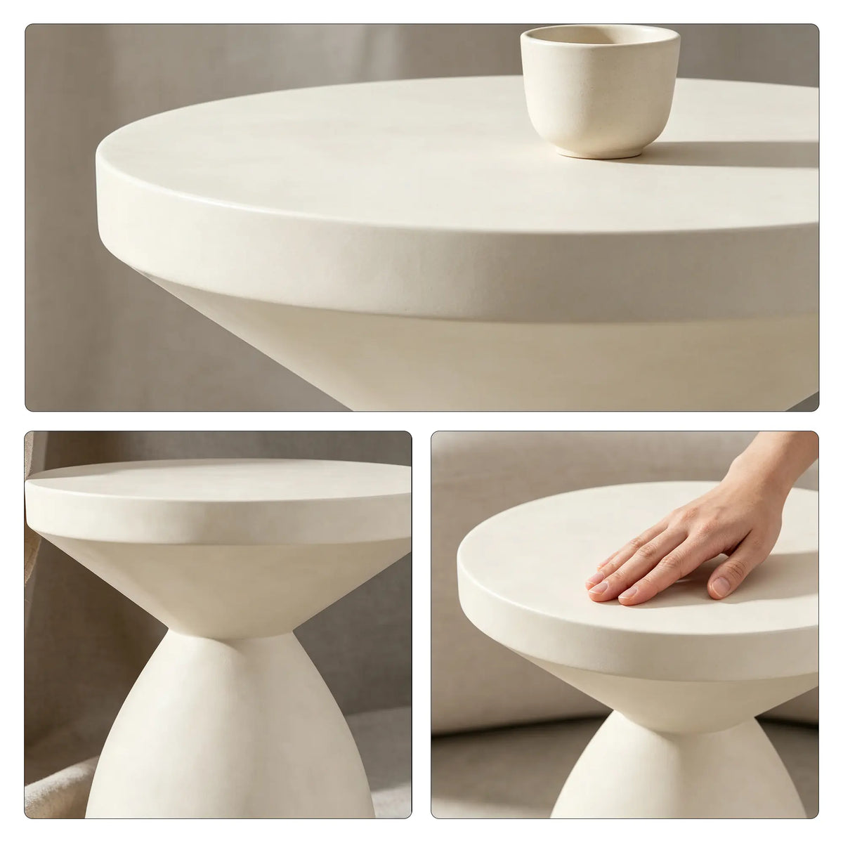 LIVARA Hourglass Round Side Table with Sculptural Pedestal Design, Durable Magnesium Cement & Speckled Finish, Modern Accent Table for Living Room - White