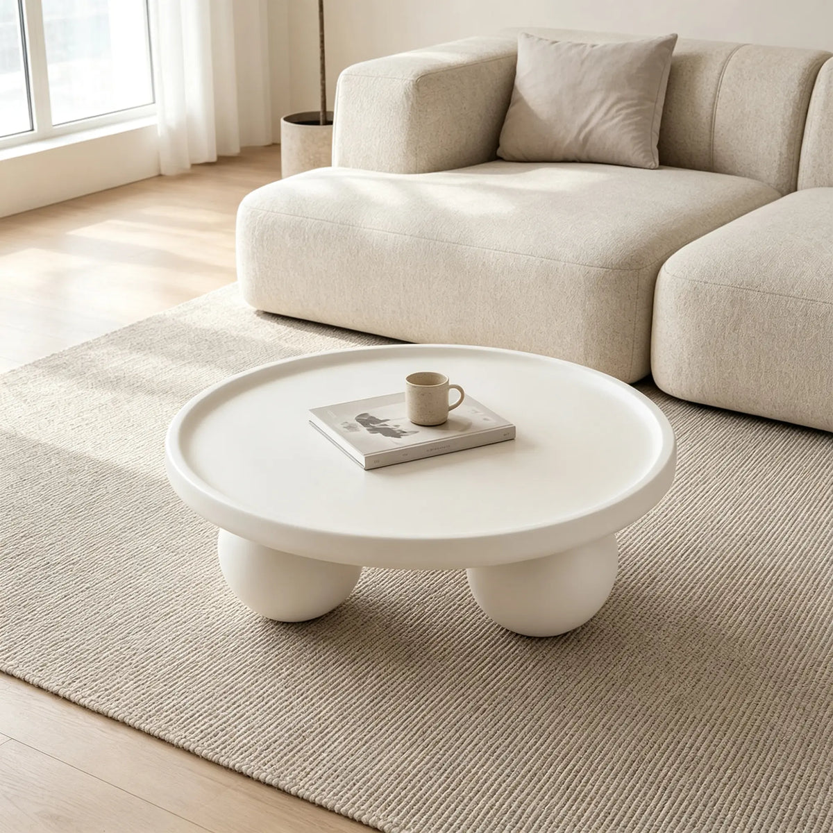 LIVARA Round Coffee Table with Sculptural Ball Legs, Raised Edge Top & Modern Minimalist Design, 70cm/80cm Low Table for Living Room - Cream White