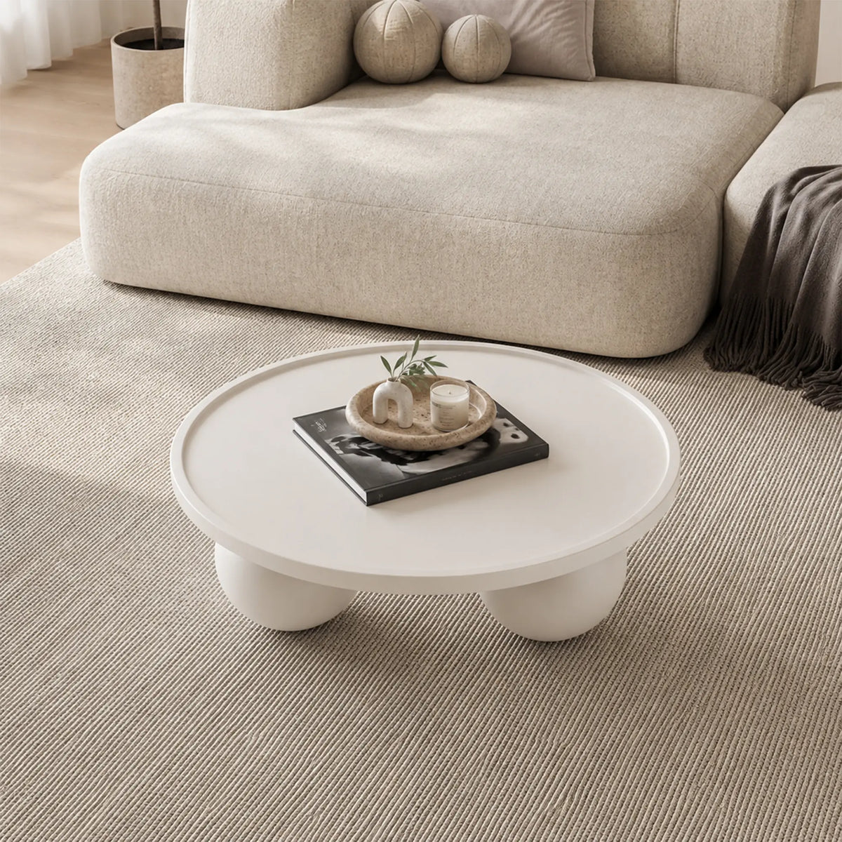 LIVARA Round Coffee Table with Sculptural Ball Legs, Raised Edge Top & Modern Minimalist Design, 70cm/80cm Low Table for Living Room - Cream White
