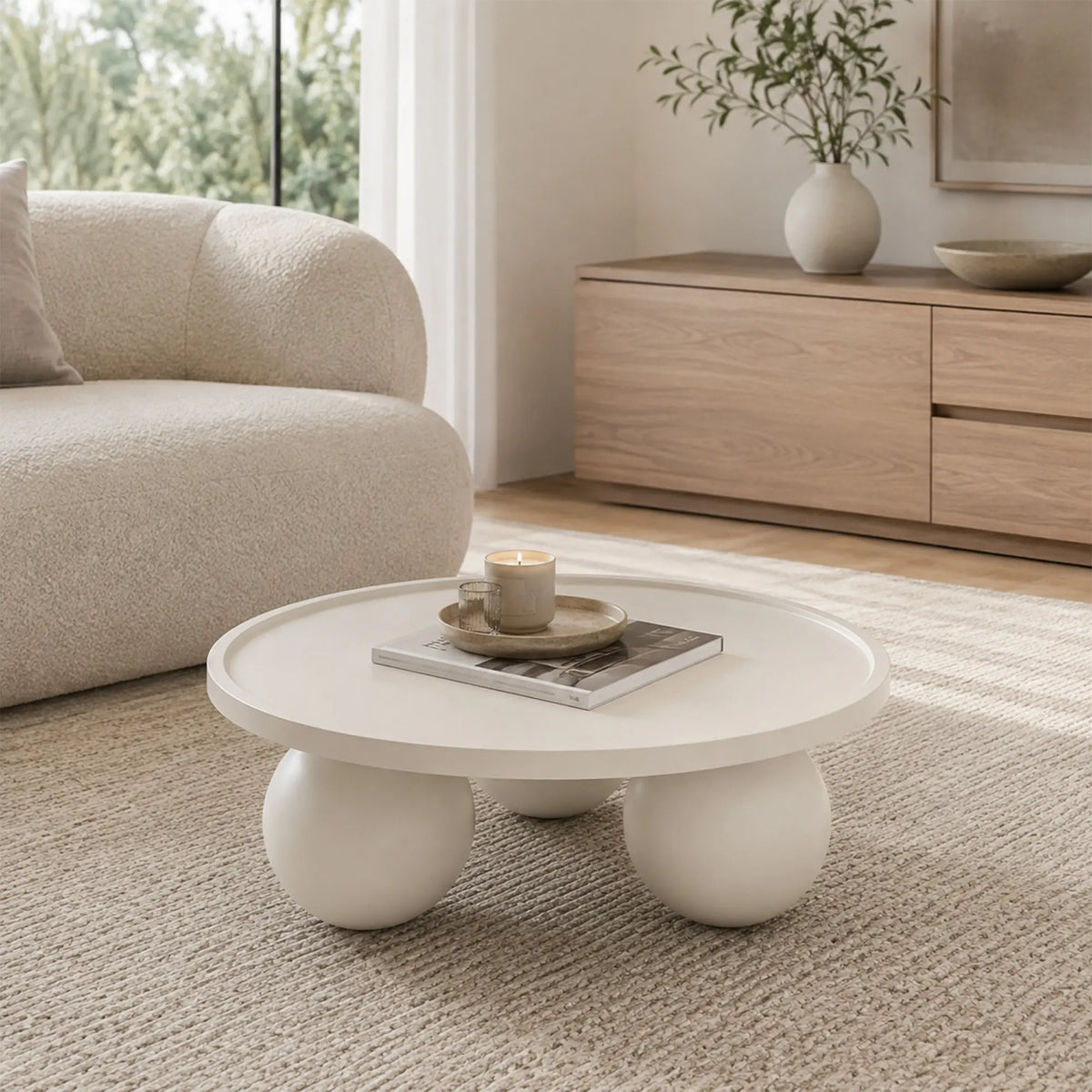 LIVARA Round Coffee Table with Sculptural Ball Legs, Raised Edge Top & Modern Minimalist Design, 70cm/80cm Low Table for Living Room - Cream White