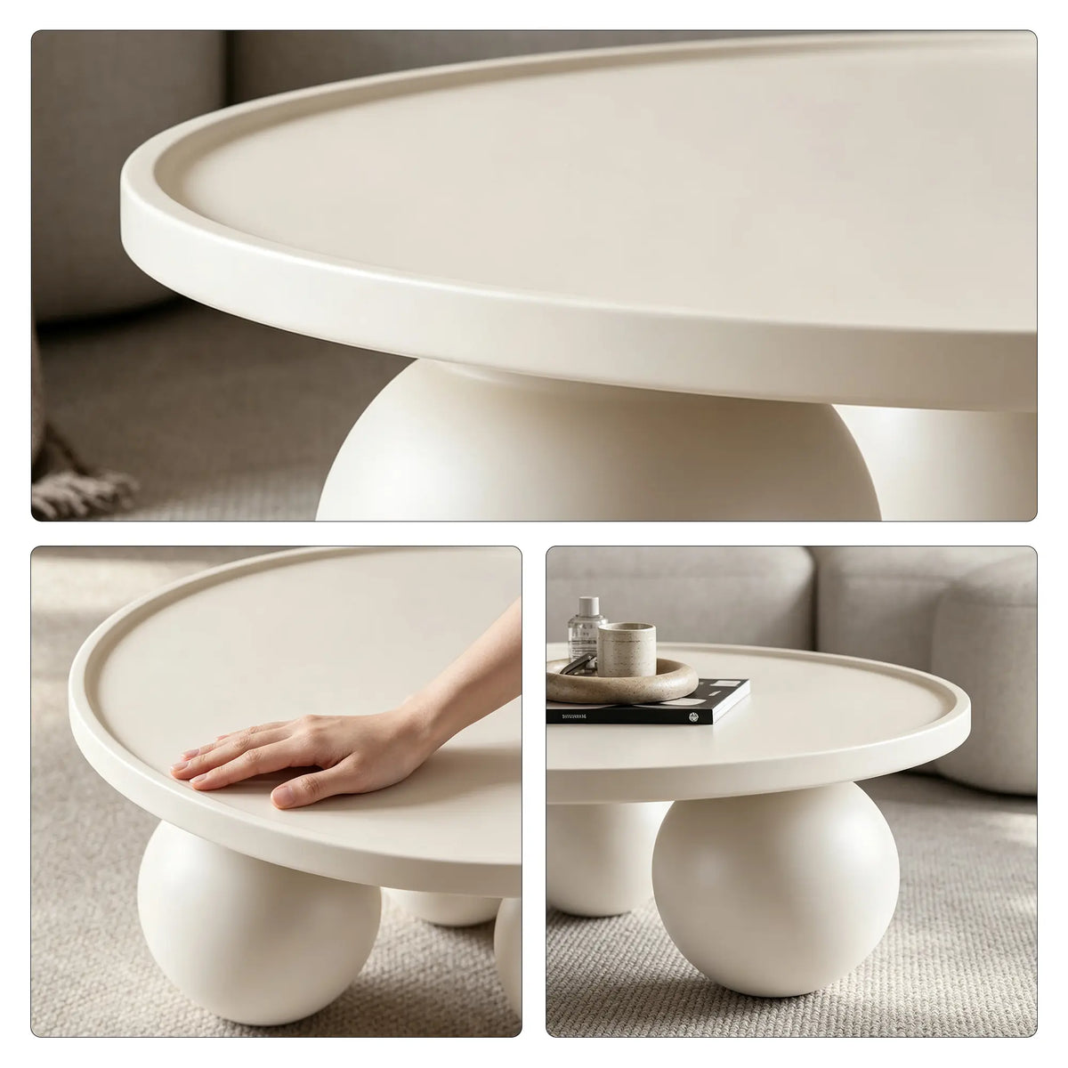 LIVARA Round Coffee Table with Sculptural Ball Legs, Raised Edge Top & Modern Minimalist Design, 70cm/80cm Low Table for Living Room - Cream White