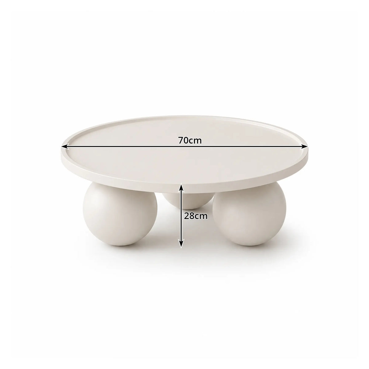 LIVARA Round Coffee Table with Sculptural Ball Legs, Raised Edge Top & Modern Minimalist Design, 70cm/80cm Low Table for Living Room - Cream White