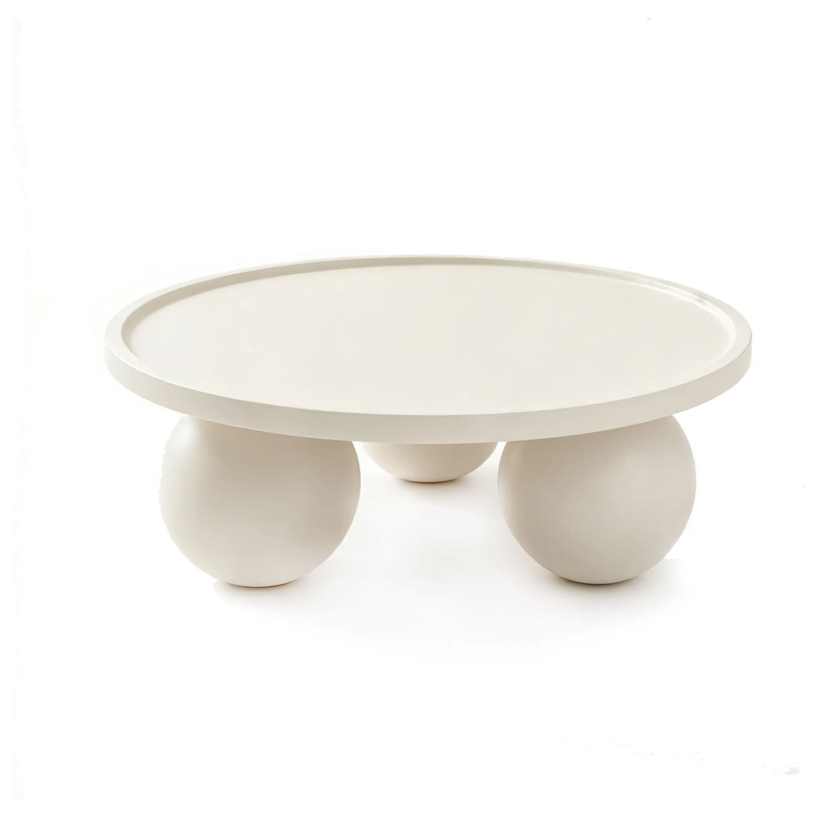 LIVARA Round Coffee Table with Sculptural Ball Legs, Raised Edge Top & Modern Minimalist Design, 70cm/80cm Low Table for Living Room - Cream White