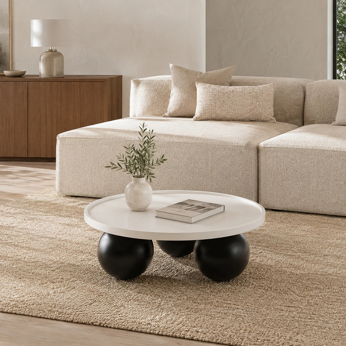 LIVARA Round Coffee Table with Sculptural Ball Legs, Raised Edge Top & Modern Minimalist Design, 70cm/80cm Low Table for Living Room - White & Black