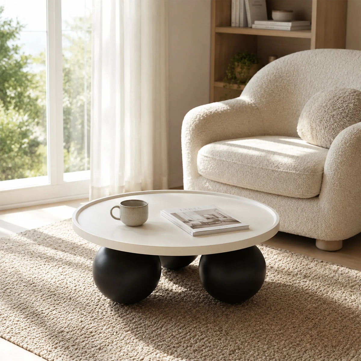LIVARA Round Coffee Table with Sculptural Ball Legs, Raised Edge Top & Modern Minimalist Design, 70cm/80cm Low Table for Living Room - White & Black