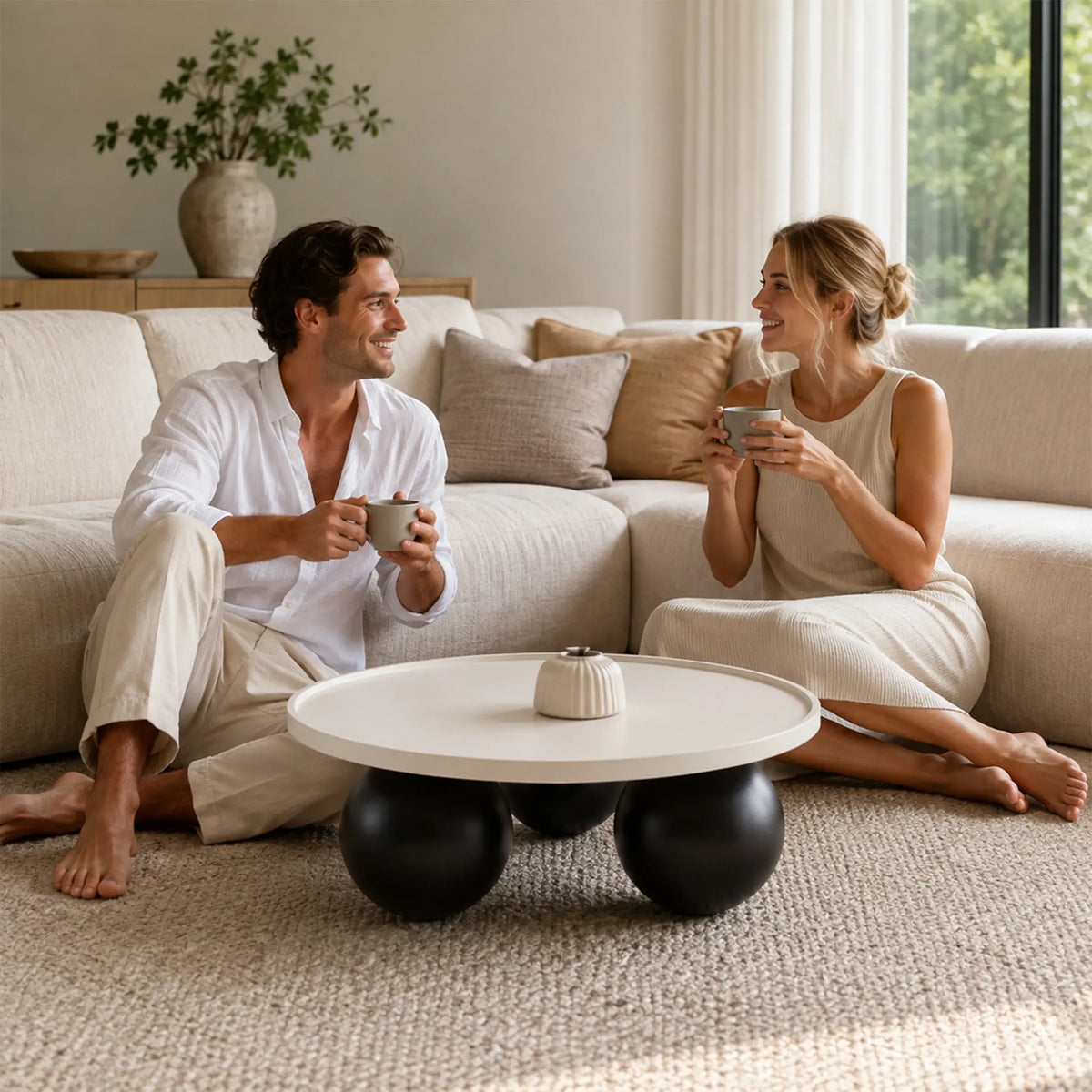 LIVARA Round Coffee Table with Sculptural Ball Legs, Raised Edge Top & Modern Minimalist Design, 70cm/80cm Low Table for Living Room - White & Black