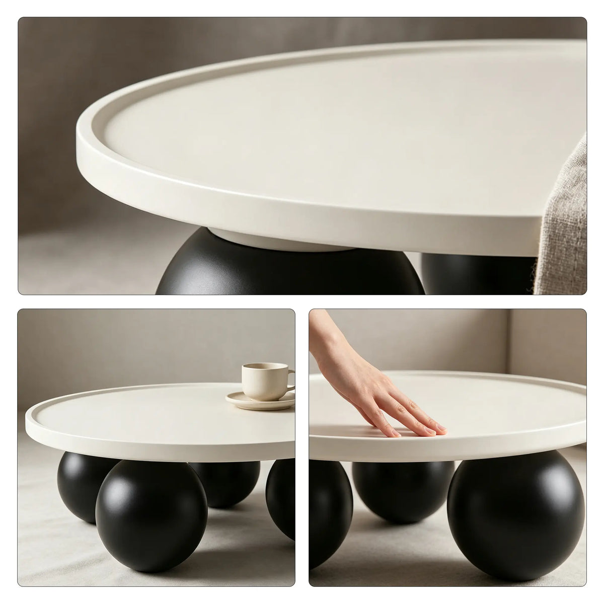 LIVARA Round Coffee Table with Sculptural Ball Legs, Raised Edge Top & Modern Minimalist Design, 70cm/80cm Low Table for Living Room - White & Black